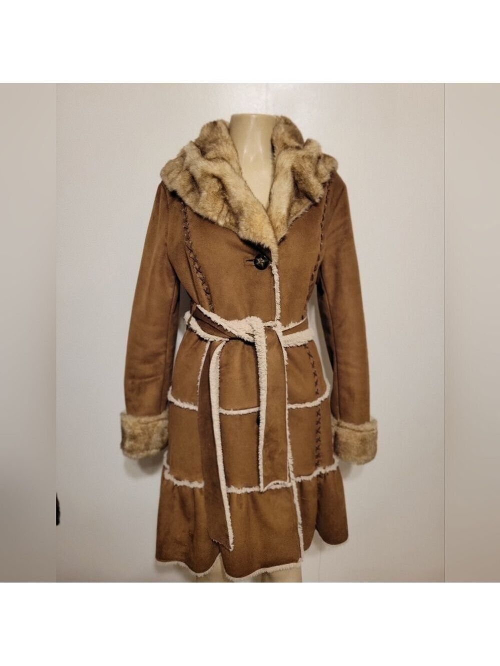 Laundry By Shelli Segal Penny Lane Brown Faux Fur Trimmed Women's Coat Medium - Picture 2 of 8